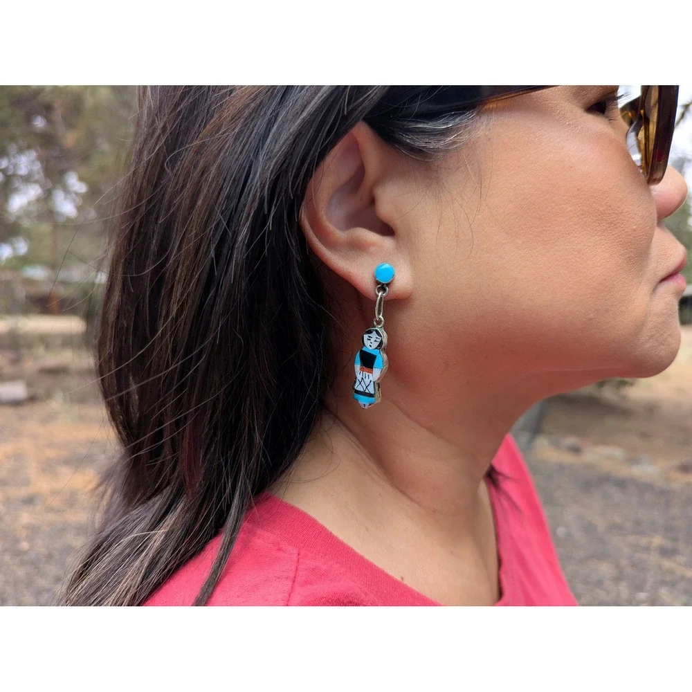 Handmade Native American Earrings Signed‎ Silver Zuni Corn Maiden Kachina **